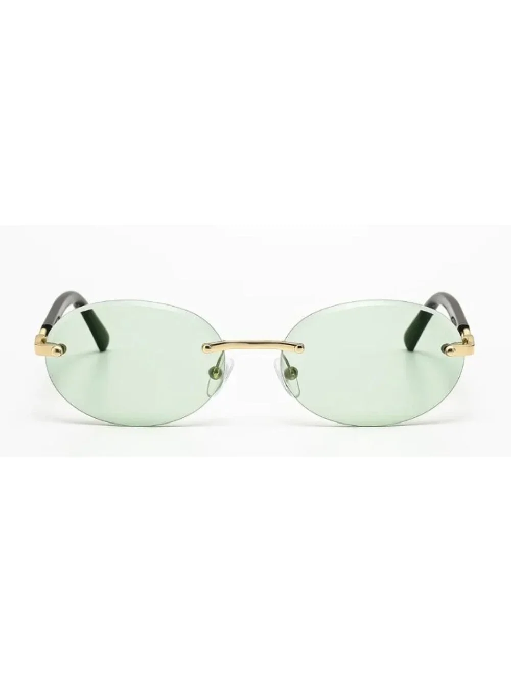 Oval Rimless Green Lens Sunglasses With Gold & Black Metal Frame